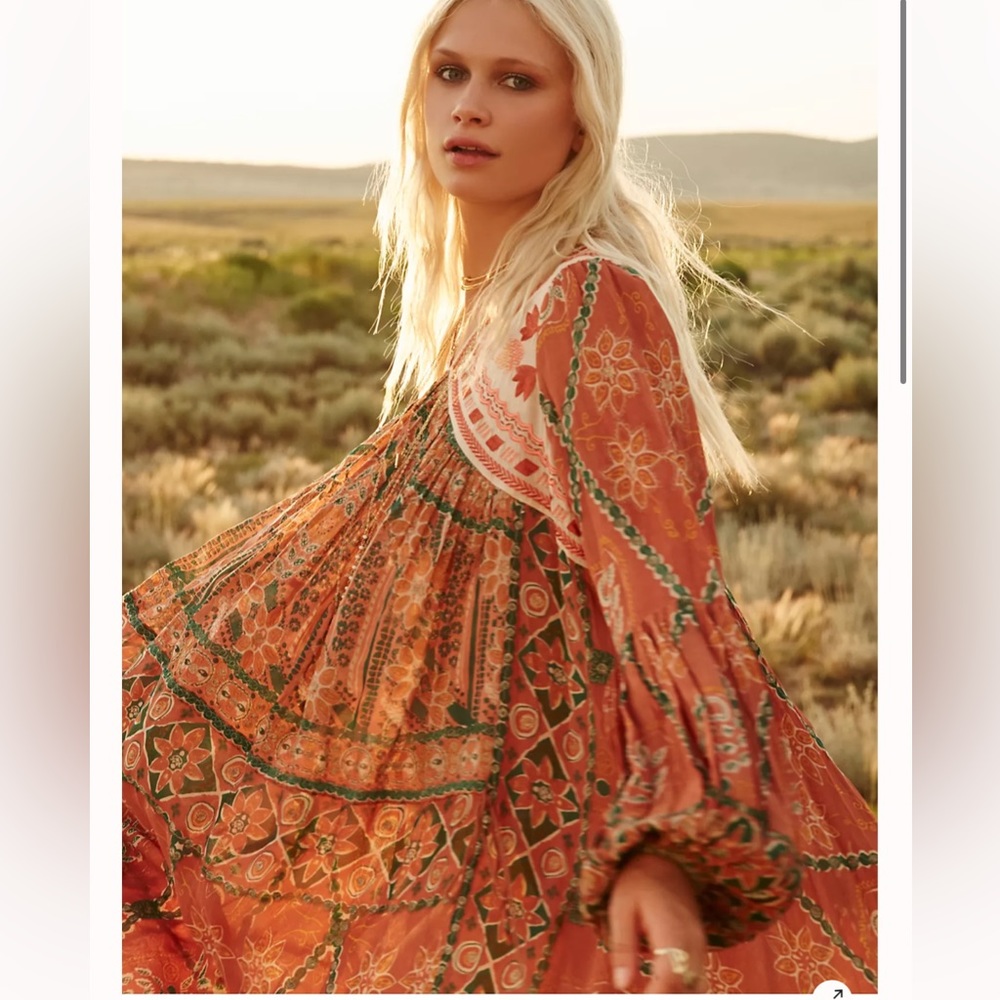 Free People Pink City Embroidered Metallic Boho printed Colorful Midi Dress
